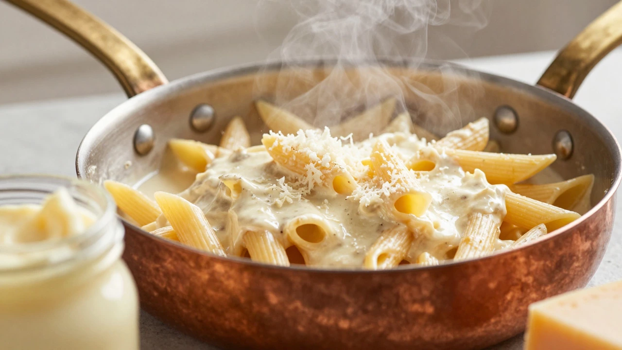 Creamy penne pasta with parmesan sauce in a copper pan