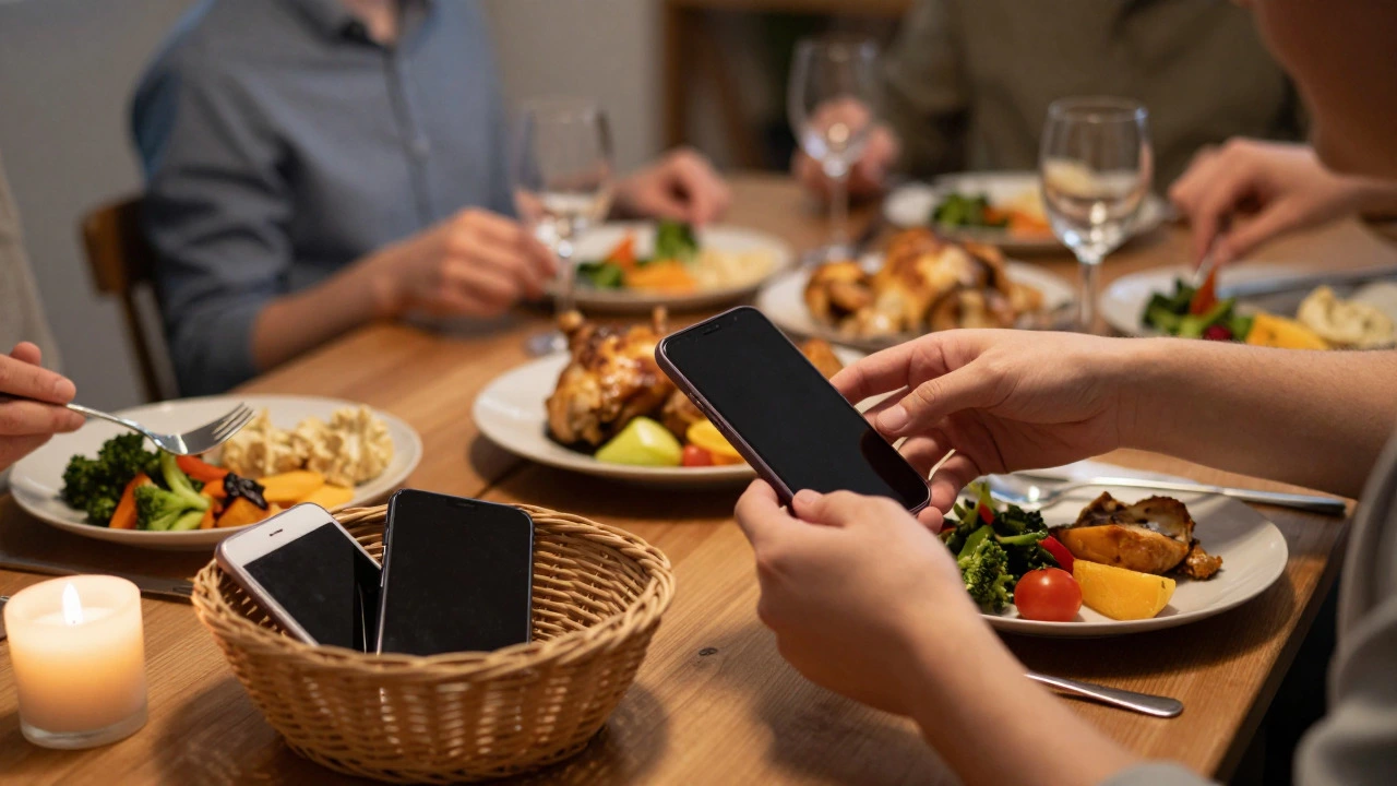 Family sharing a screen-free dinner with phones in a basket