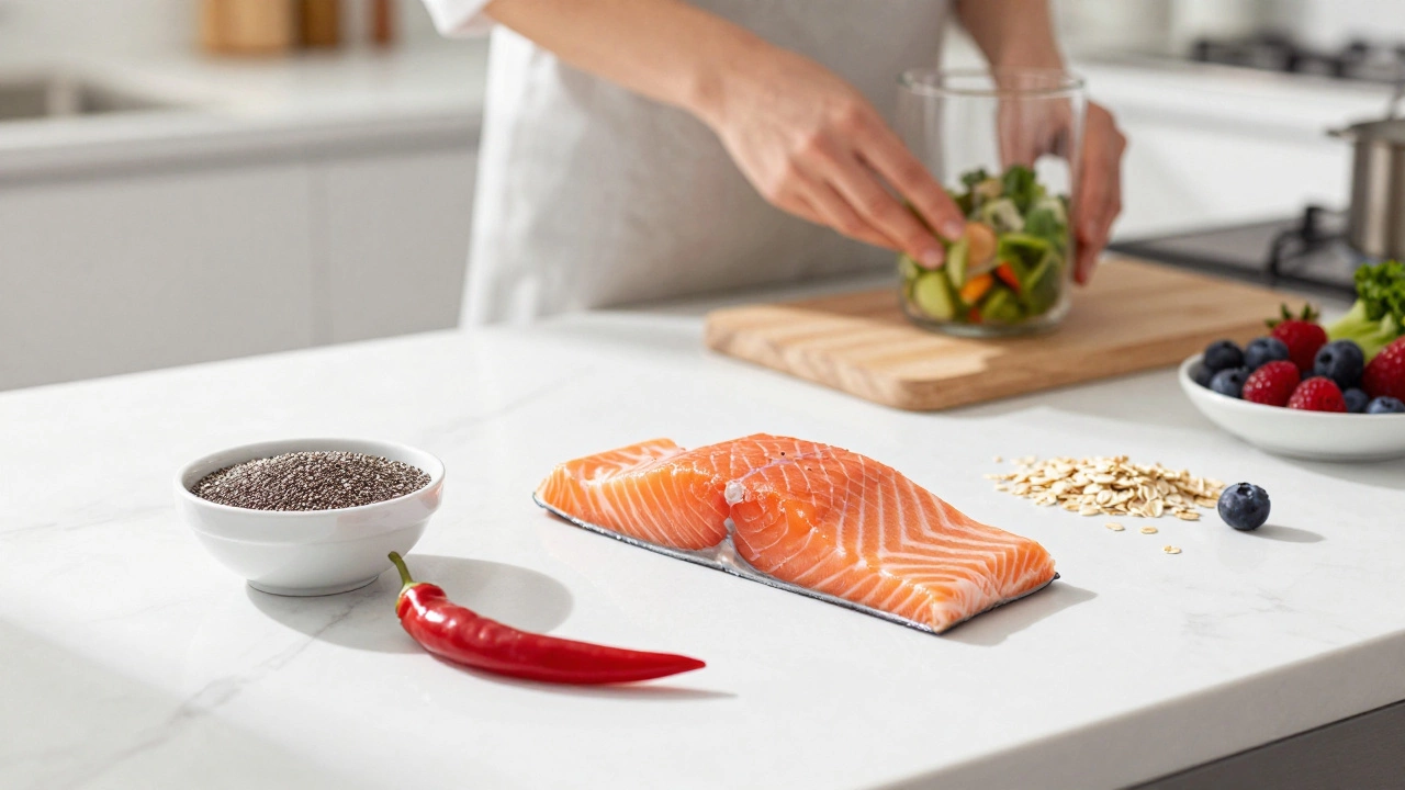 Fresh healthy ingredients like salmon, chia seeds, and berries on a counter.