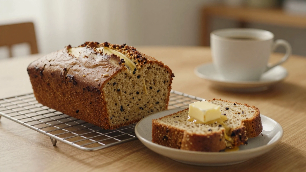 Freshly baked banana bread loaf with a buttered slice on a plate