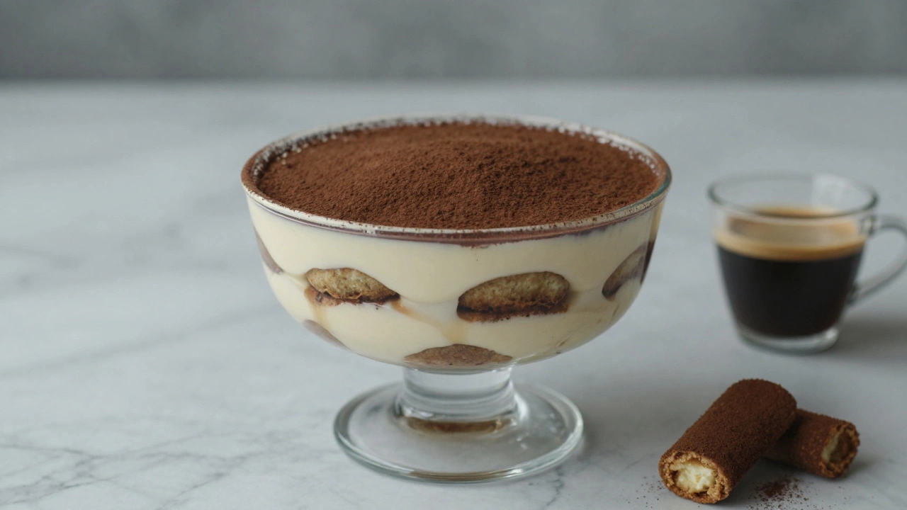 Glass dish of tiramisu with cocoa dusting and espresso