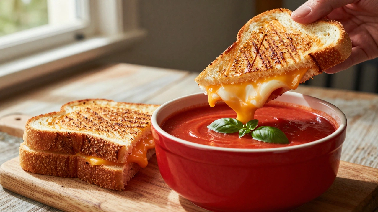 Golden grilled cheese sandwich dipped in tomato soup on a rustic table
