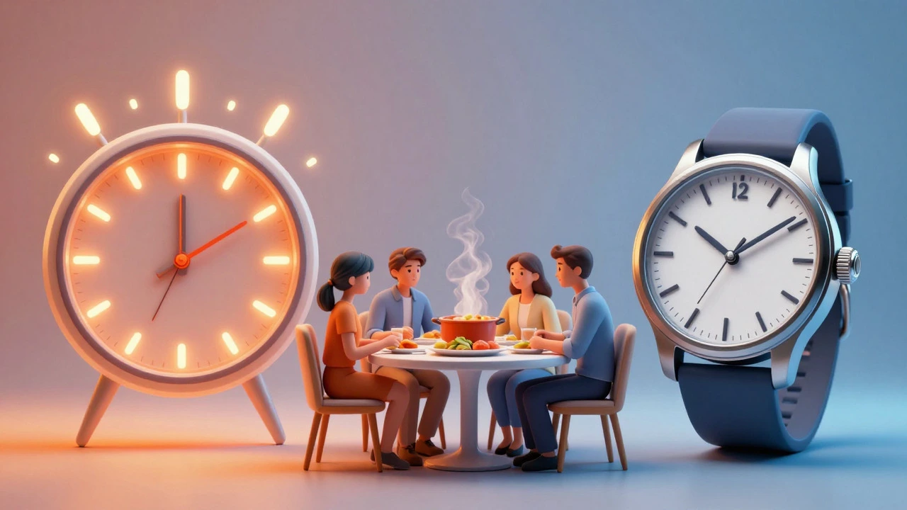 Illustration balancing child's hunger clock with parent's work schedule