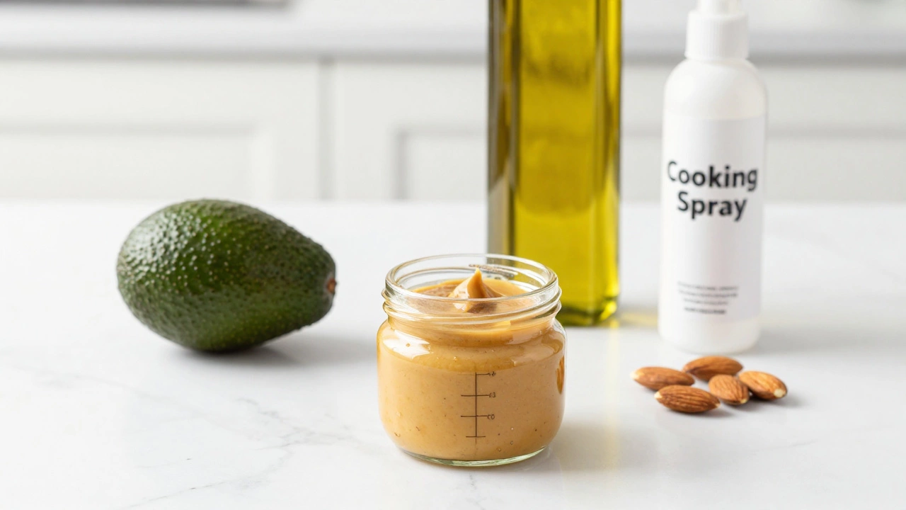 Measured almond butter and avocado on a clean kitchen counter