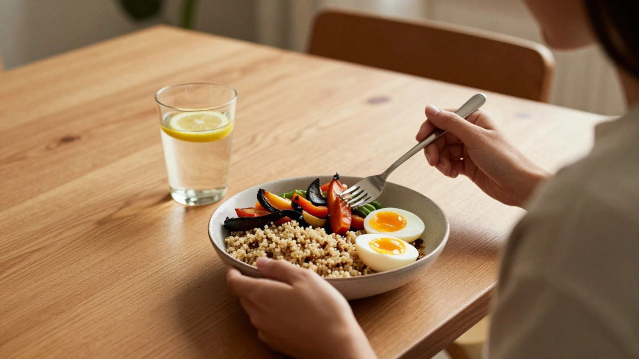 Person eating a healthy home-cooked lunch away from screens
