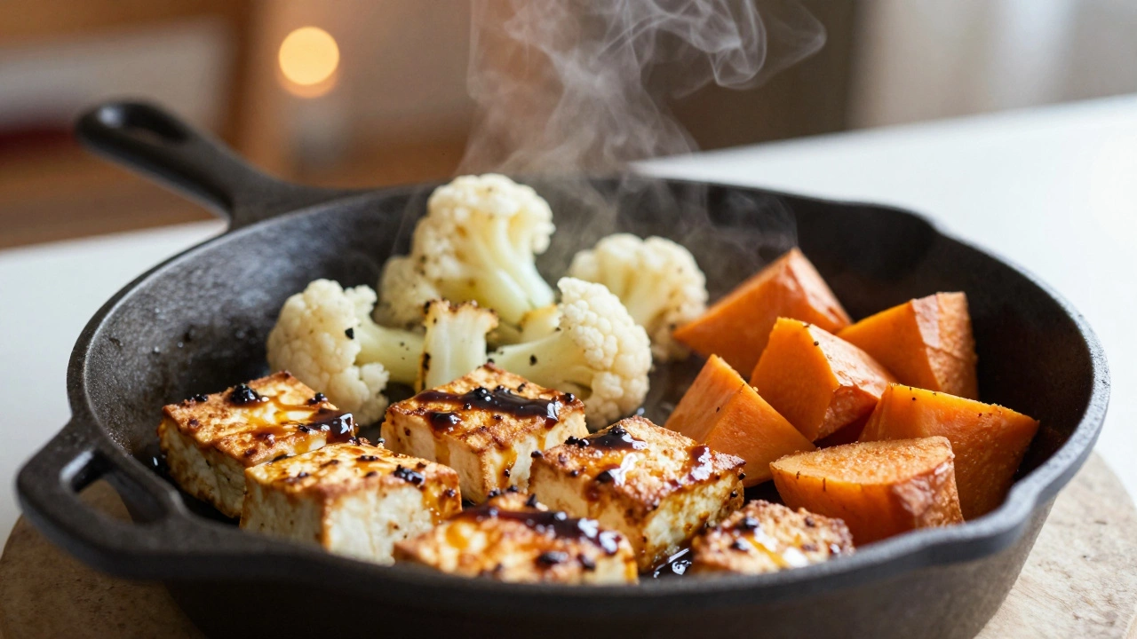Roasted tofu and vegetables in a cast-iron skillet