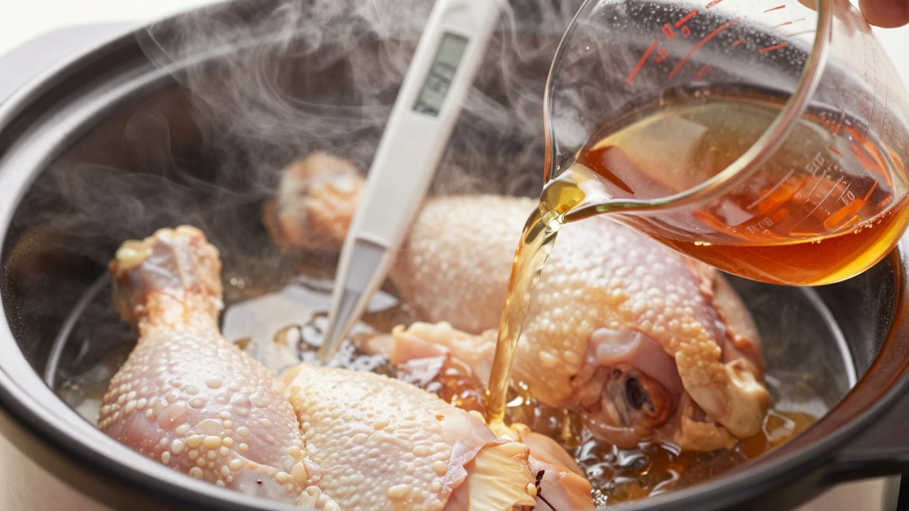 Steam rising around chicken in a slow cooker with broth and thermometer