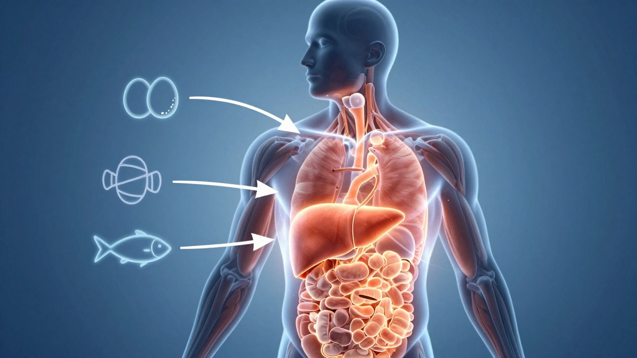Stylized illustration of human metabolism converting food into energy.