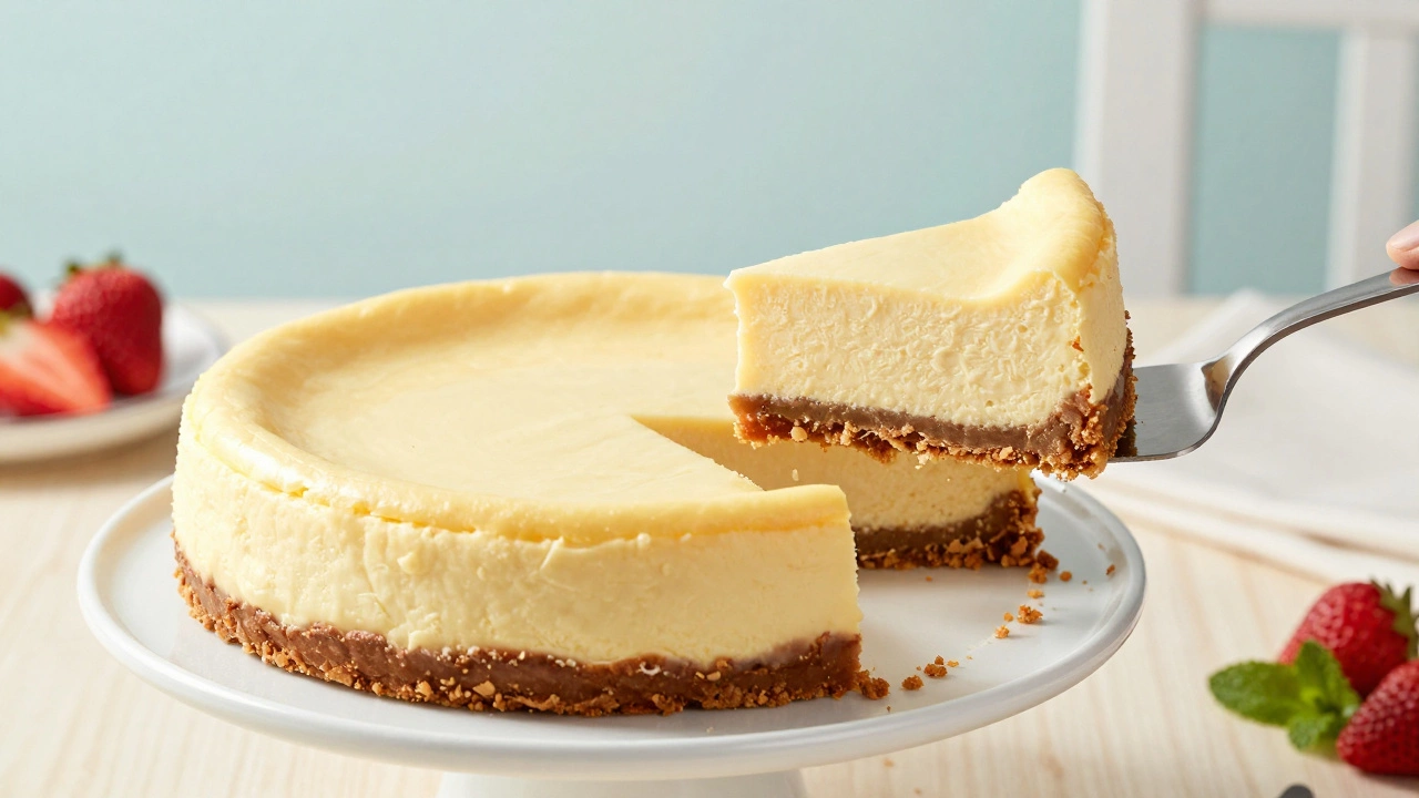 Whole cheesecake with one slice lifted to show texture