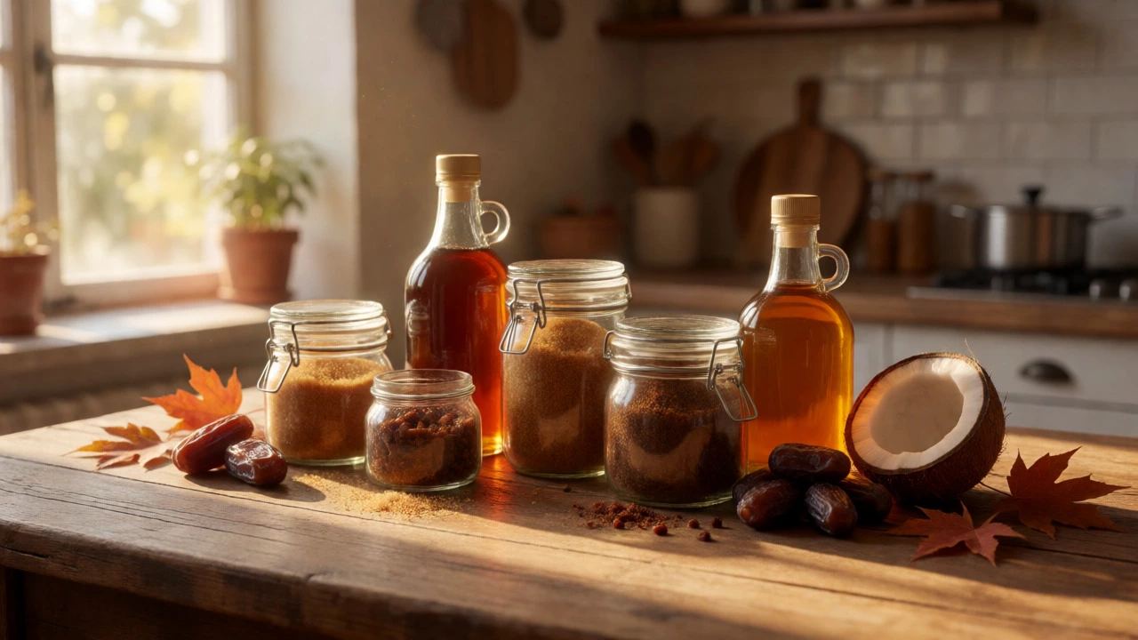 Assorted vegan sweeteners like coconut and date sugar on a table