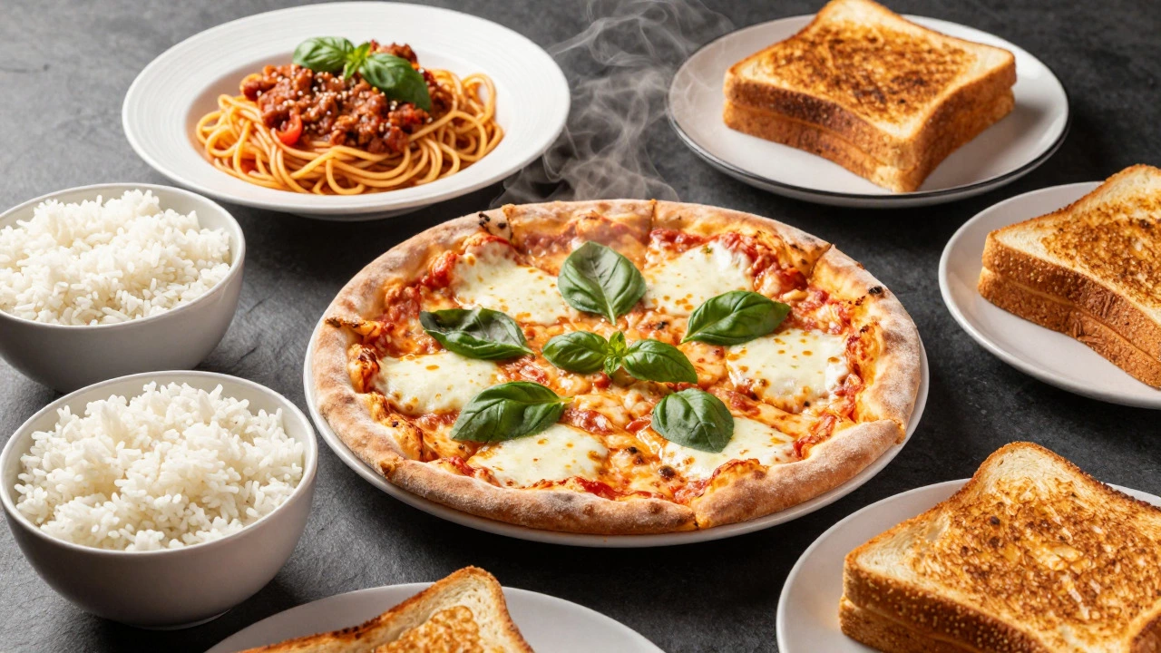 Assortment of global comfort foods like pizza and pasta
