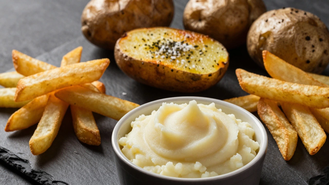 Assortment of mashed potatoes, fries, and roasted potato on slate