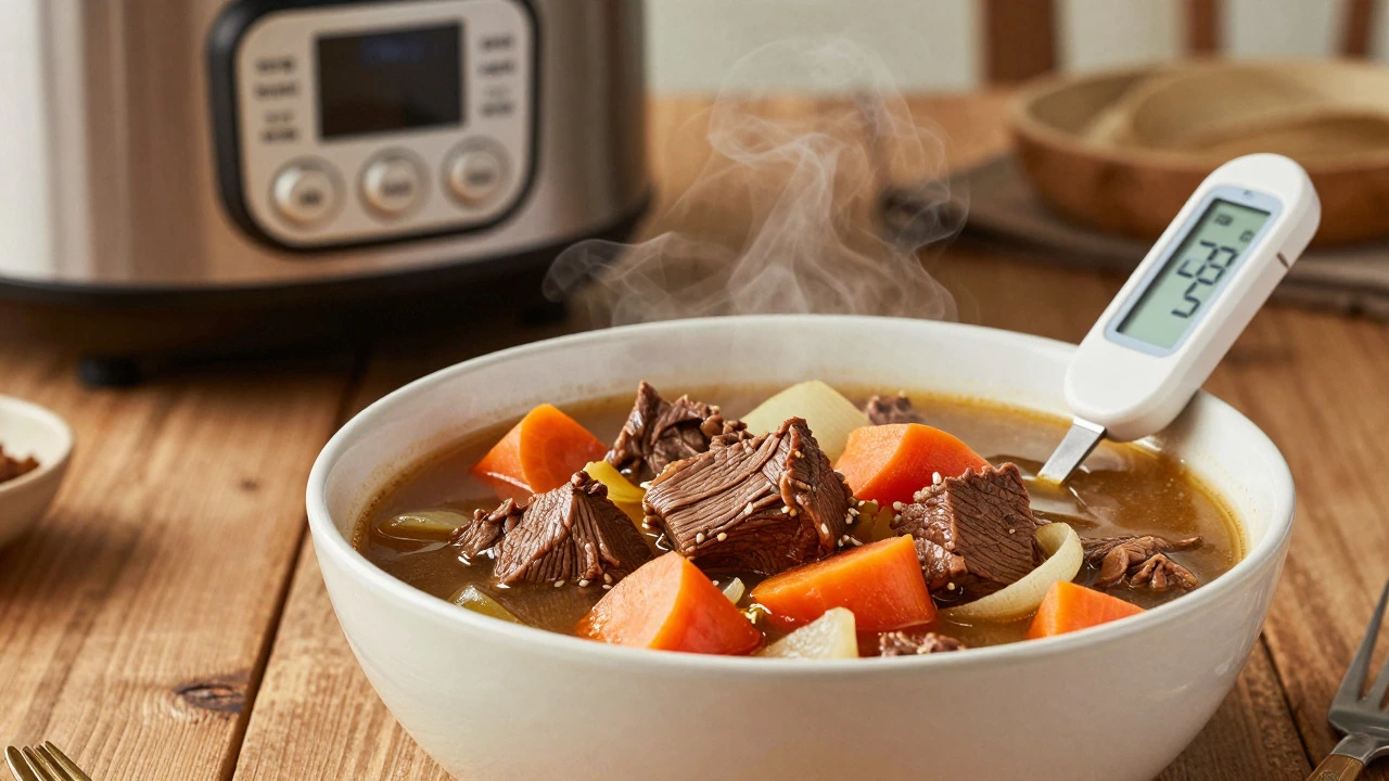 Bowl of beef stew with meat thermometer verifying doneness