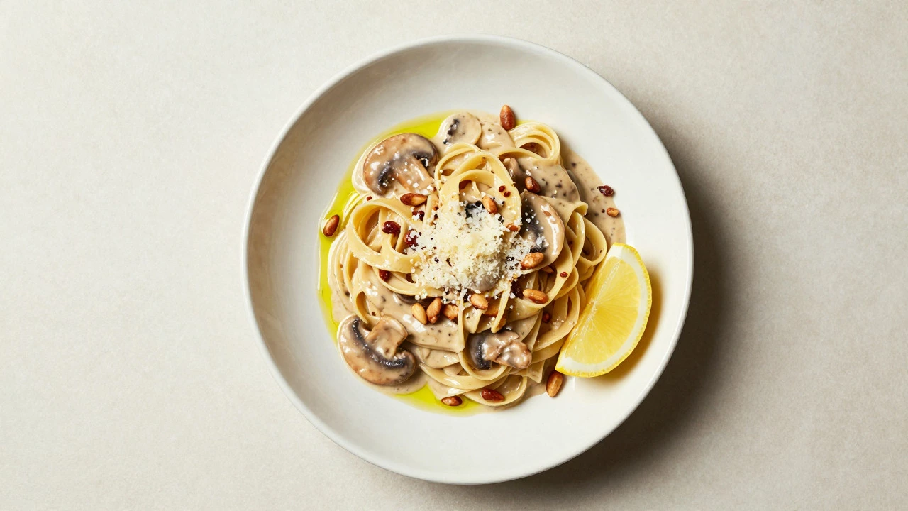 Bowl of creamy pasta garnished with parmesan, pine nuts, and olive oil