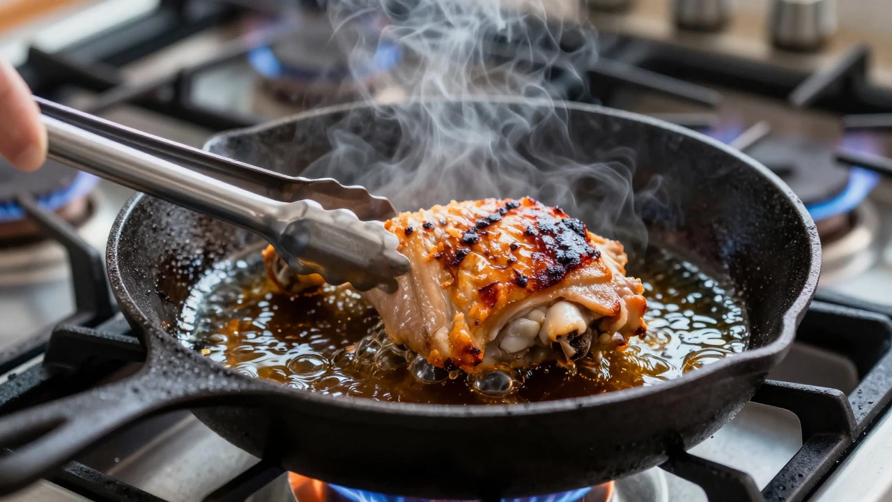 Chicken thigh searing in a cast-iron skillet