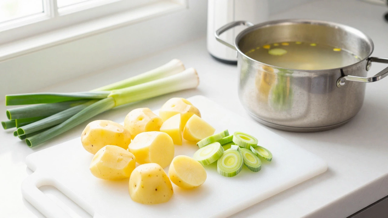 Chopped potatoes and leeks ready for making soup