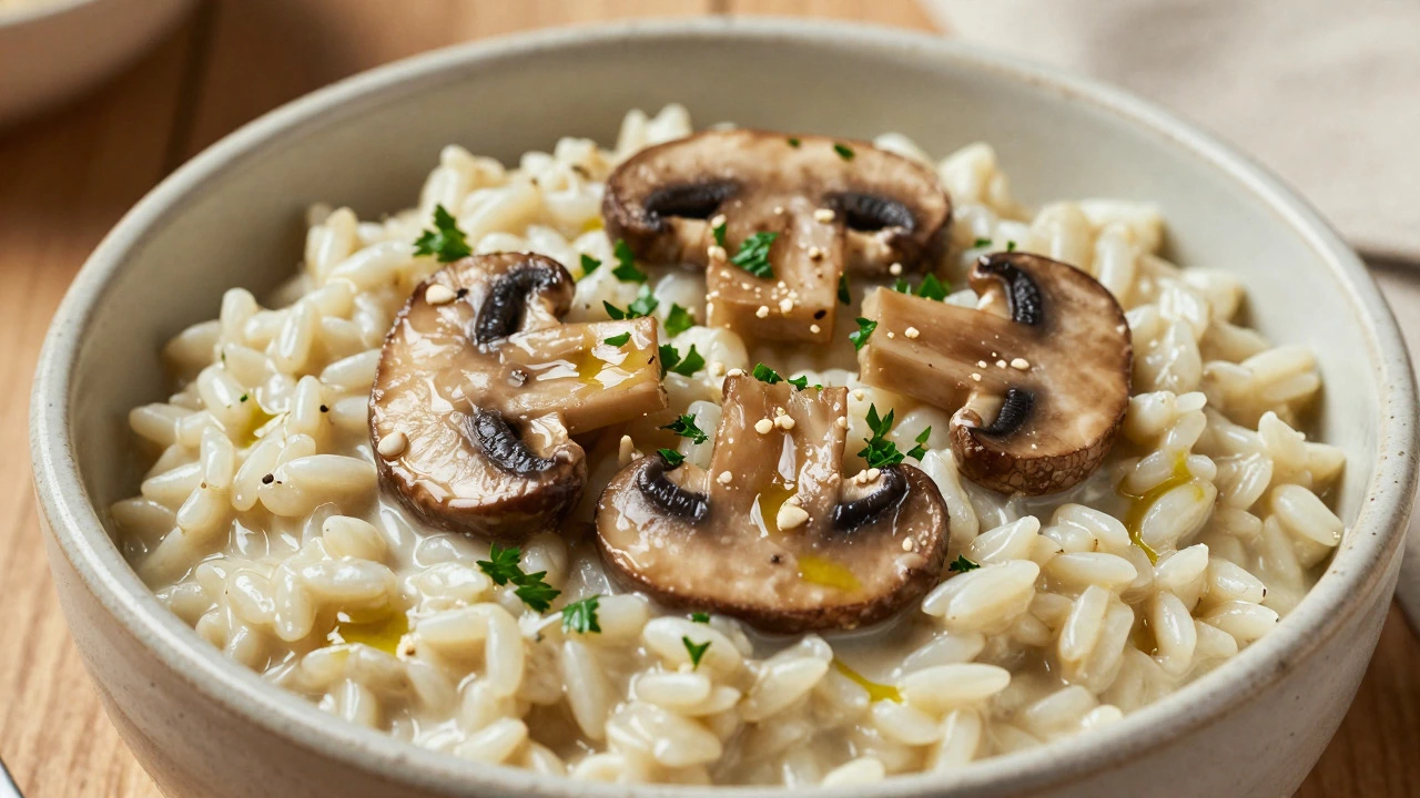 Close-up of creamy mushroom risotto served in a rustic bowl with fresh herbs