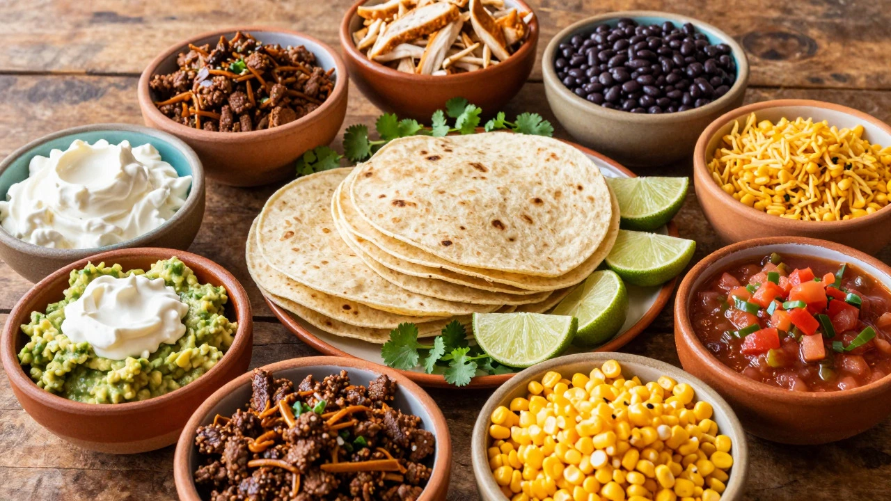 Colorful family style taco bar with various toppings and tortillas on a table