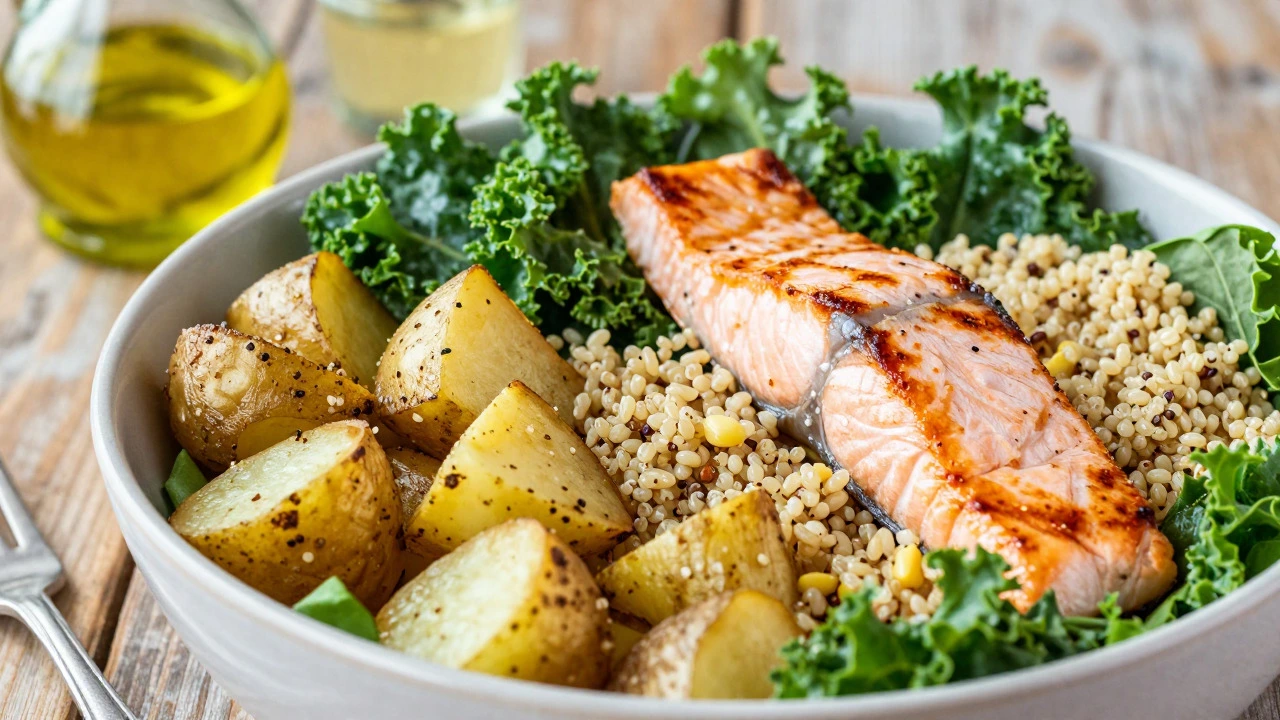 Colorful salad bowl with quinoa, roasted potatoes, greens, and grilled salmon