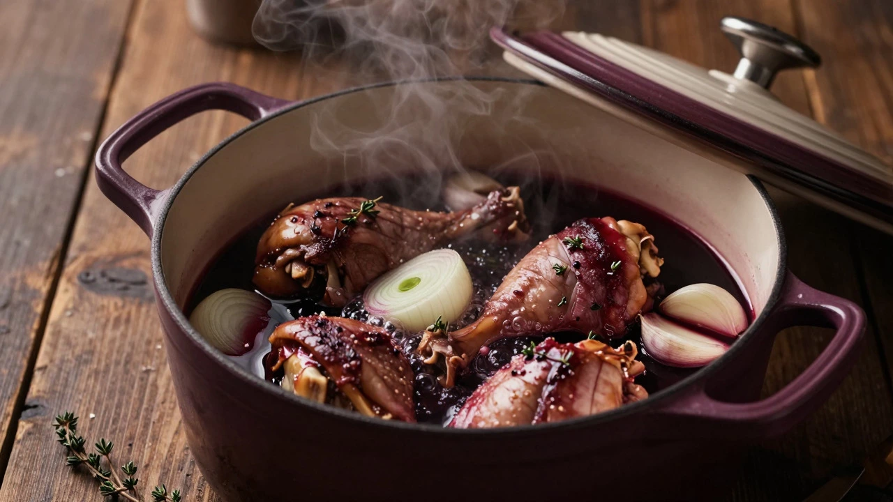 Dutch oven simmering chicken in red wine braise