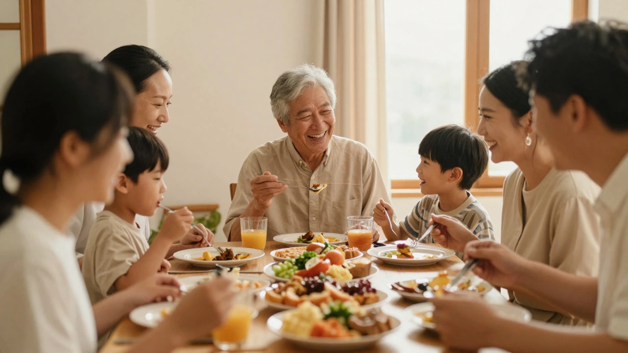Family sharing a meal and laughing together warmly