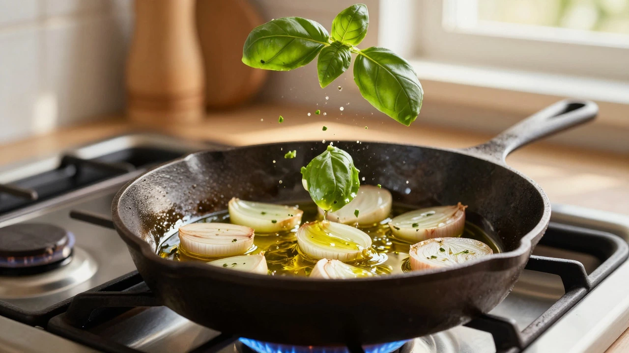 Garlic and shallots sautéing in oil with fresh basil in a skillet