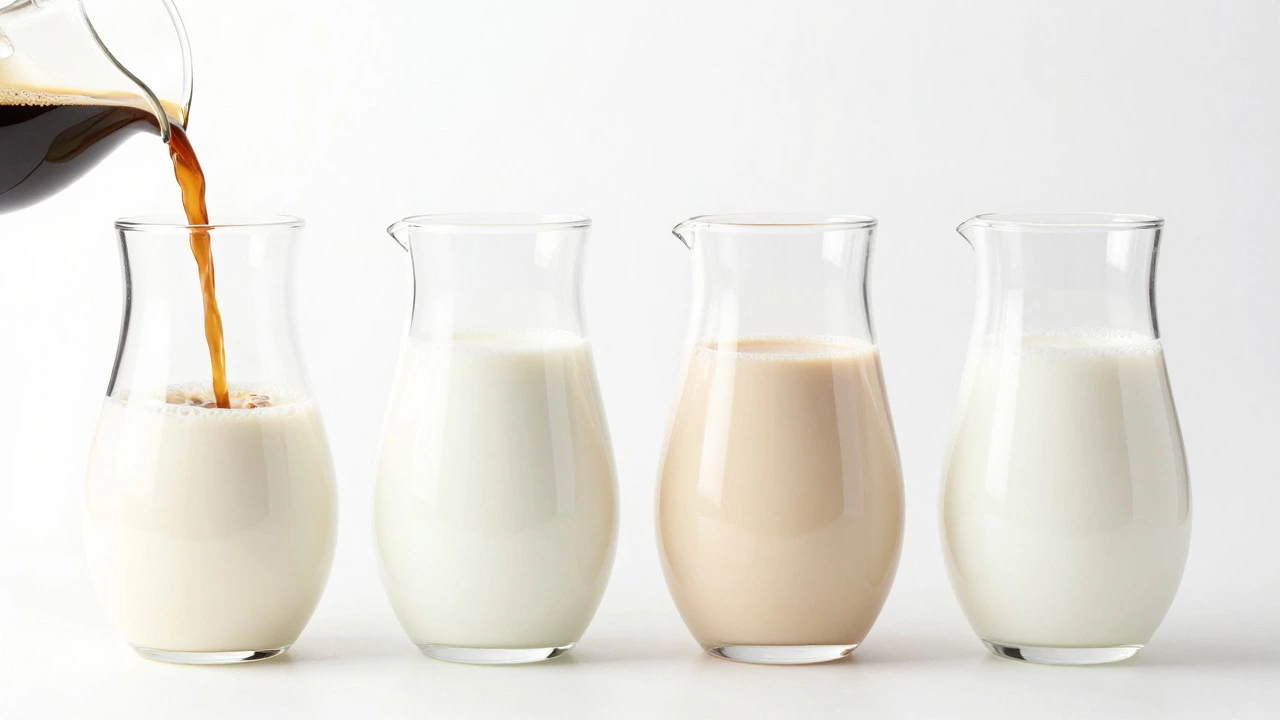 Glass pitchers of oat, almond, soy, and coconut milk with espresso pour