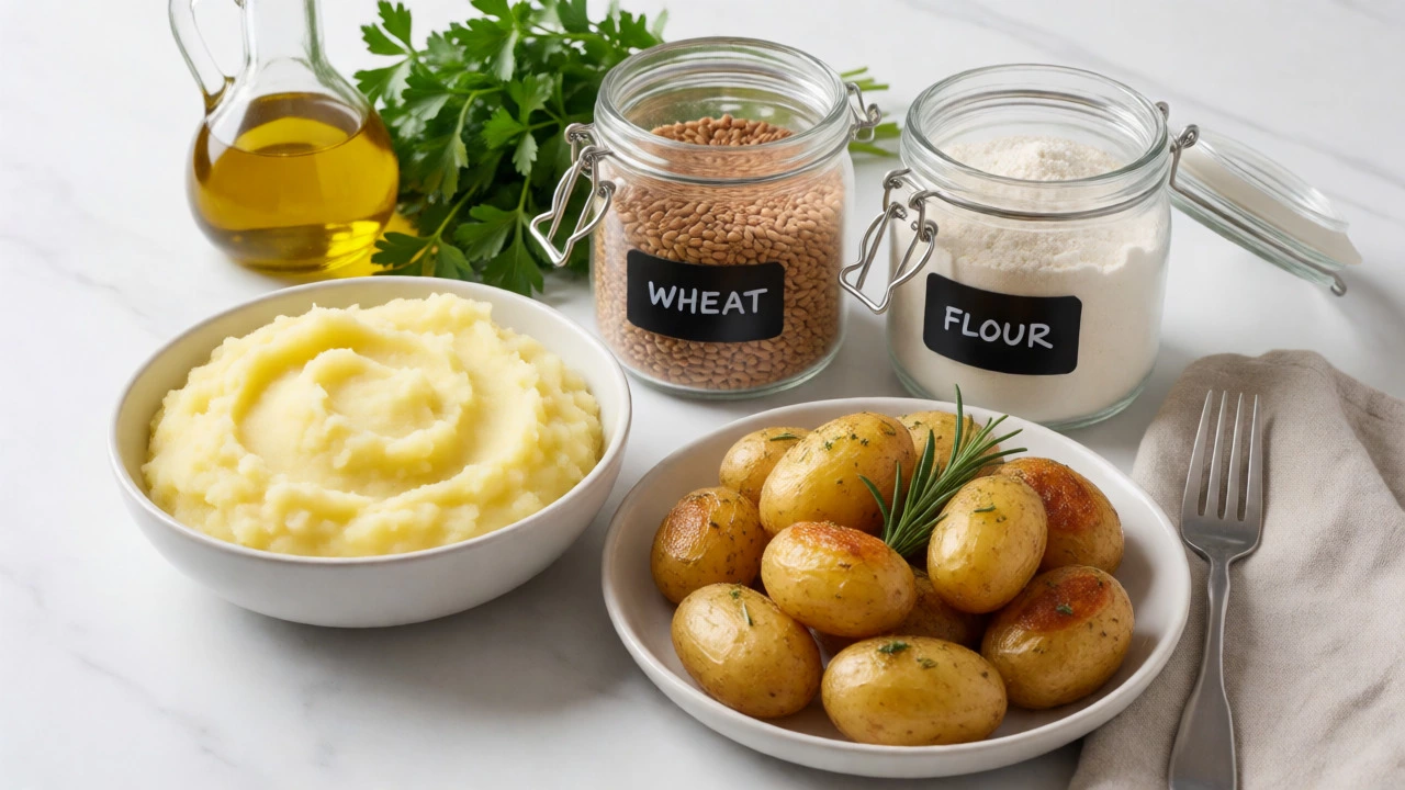 Gluten-free mashed and roasted potatoes on a clean white countertop