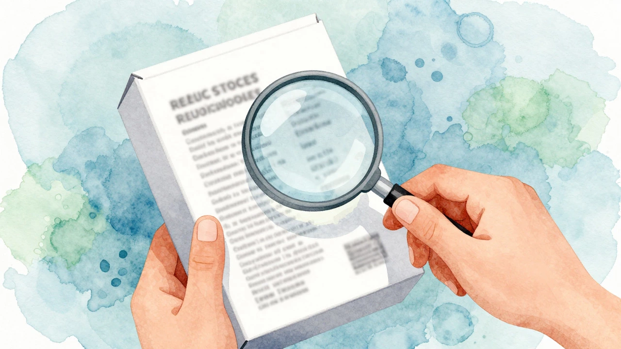 Hand using a magnifying glass to inspect a food package label