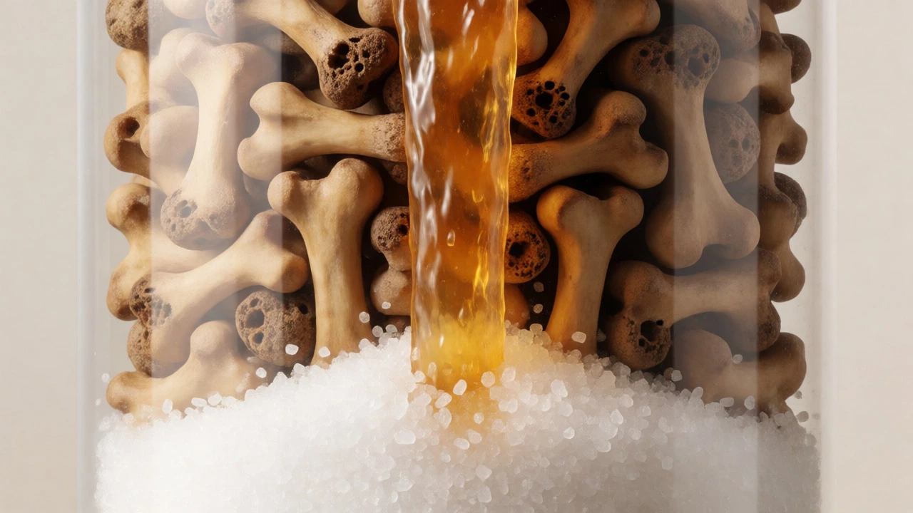 Illustration of bone char filtering raw cane juice into white sugar