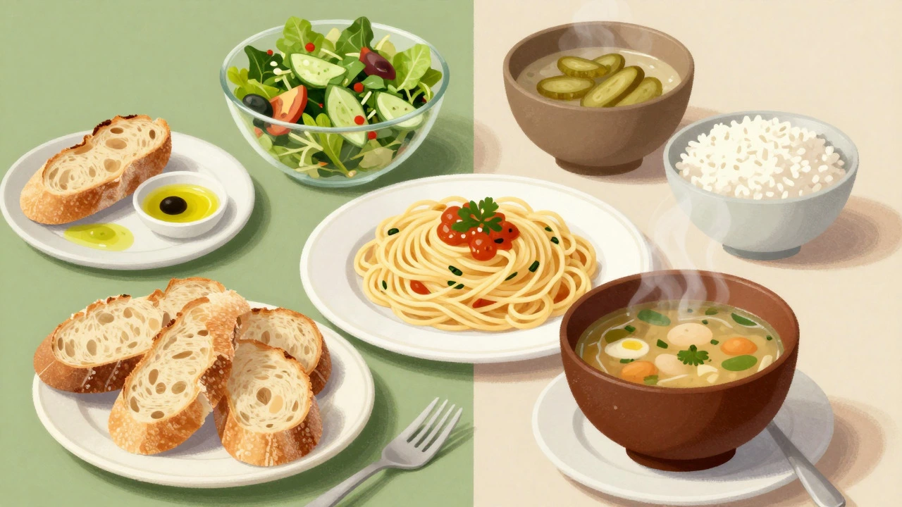 Illustration of diverse global side dishes including bread, salad, and rice