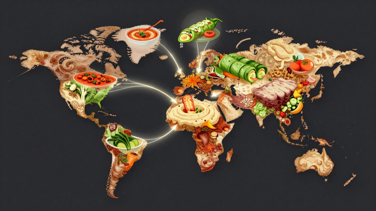 Illustration of global vegetarian dishes like curry and hummus connecting on a world map