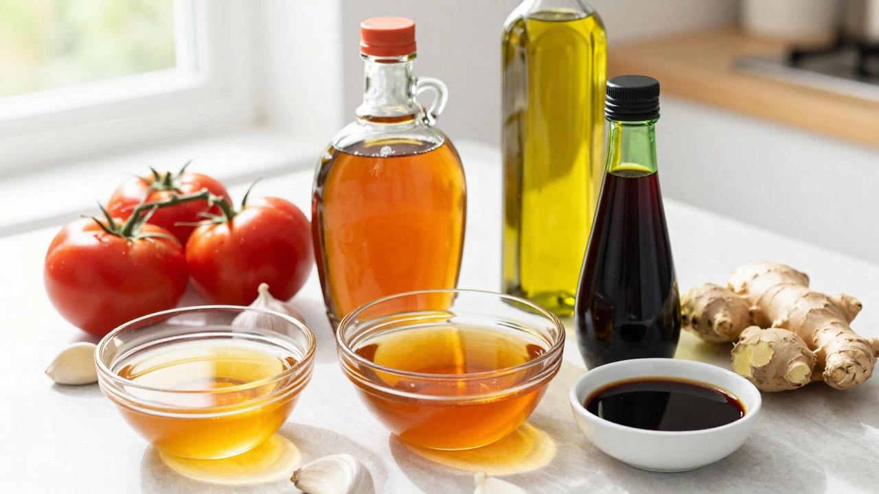 Kitchen counter with honey, maple syrup, olive oil, and tamari
