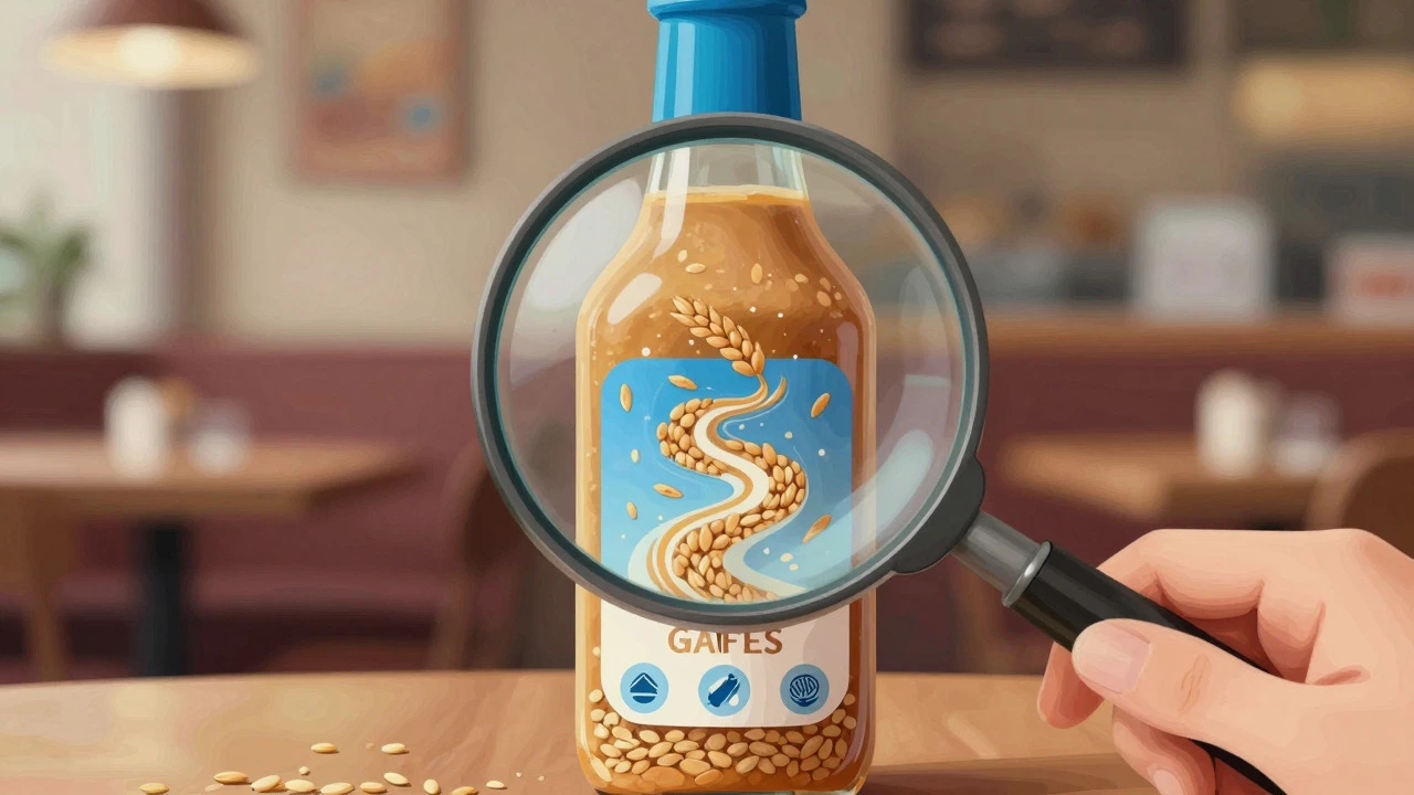 Magnifying glass inspecting a condiment bottle with abstract grain symbols