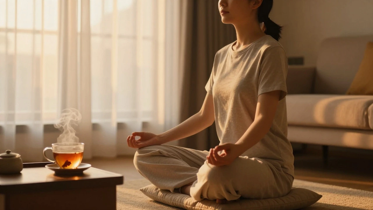 Person meditating peacefully in a sunlit room with tea