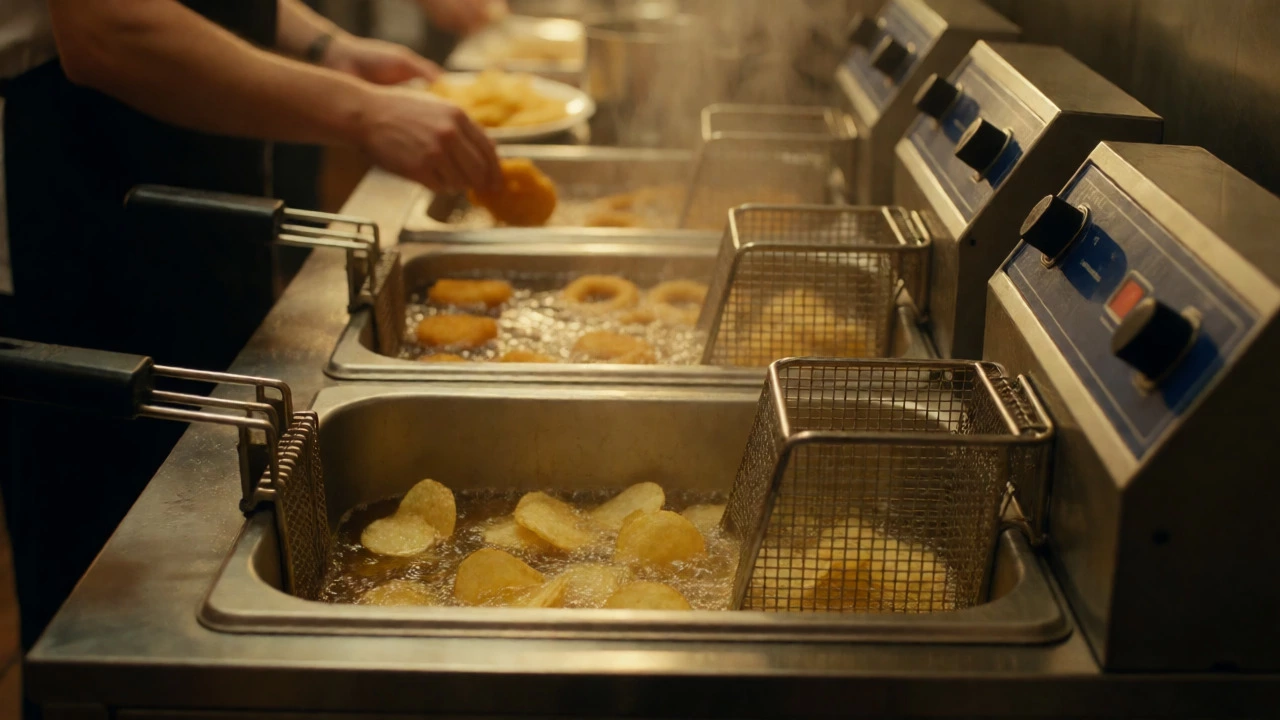Potato chips frying in a shared oil vat with breaded items in background