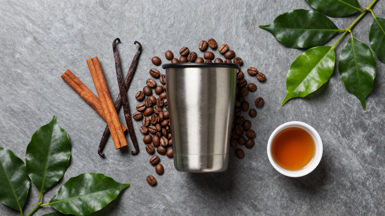 Reusable coffee mug surrounded by beans, spices, and green leaves