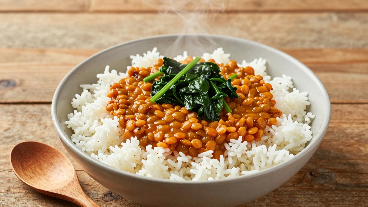 Steaming bowl of red lentil dal served with white rice