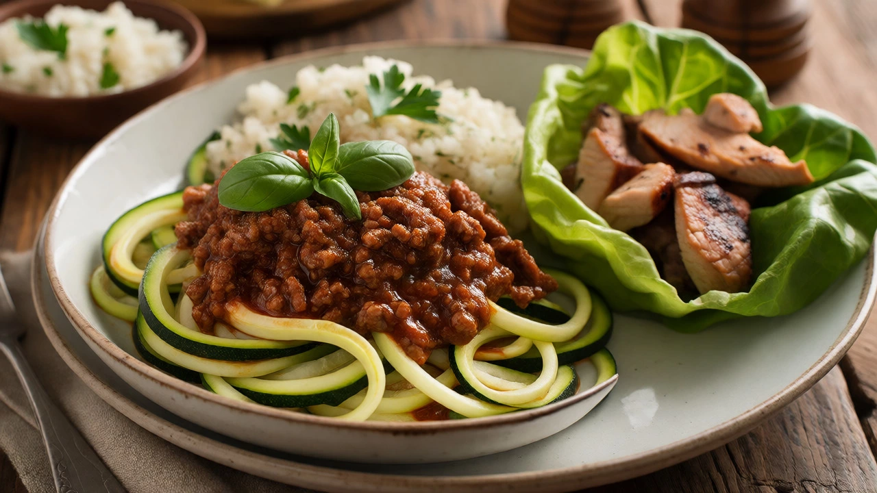 A plate of zucchini noodles with meat sauce, cauliflower rice, and a lettuce-wrapped chicken burger.