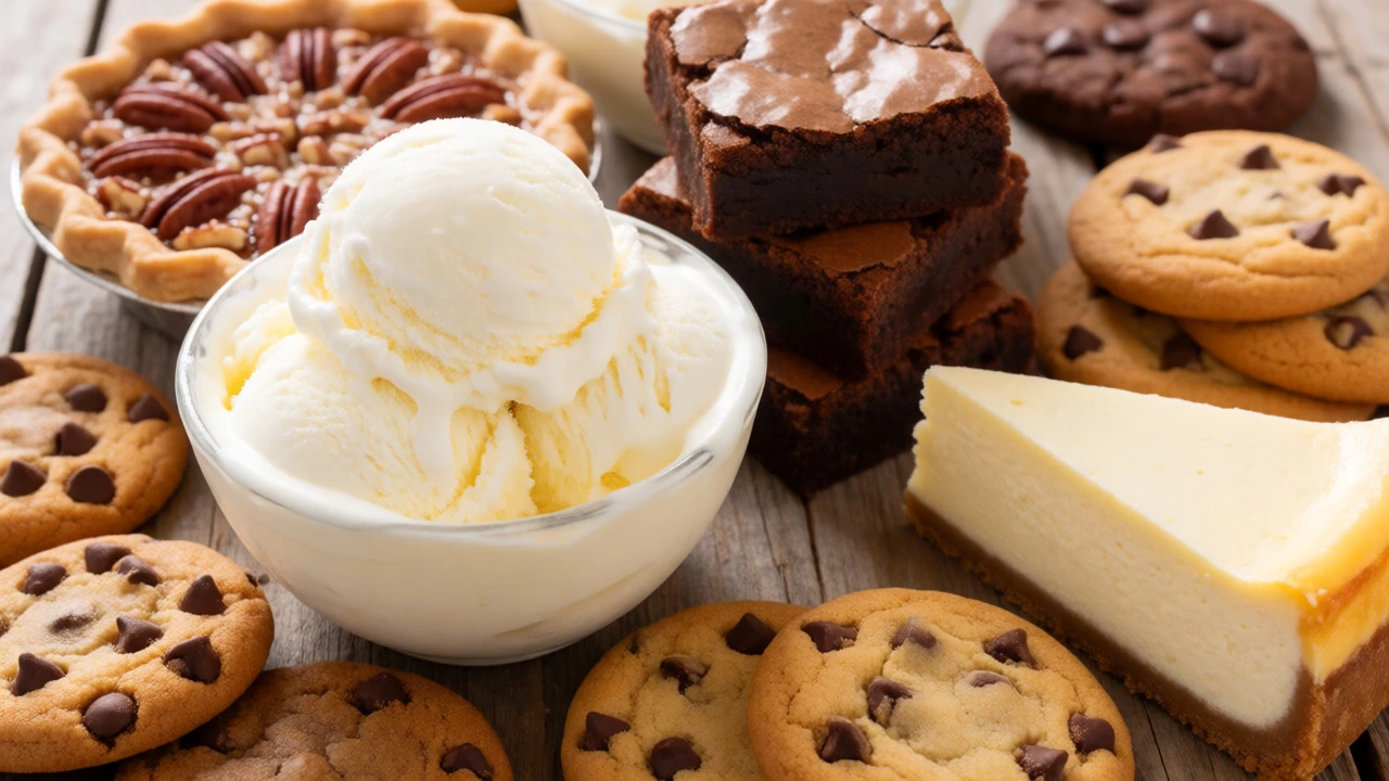 An assortment of American desserts including ice cream, brownies, and cookies on a wooden table.