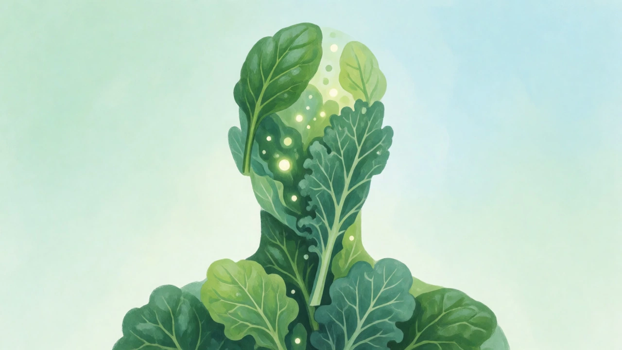 Artistic silhouette of a person made of leafy greens with glowing nutrients