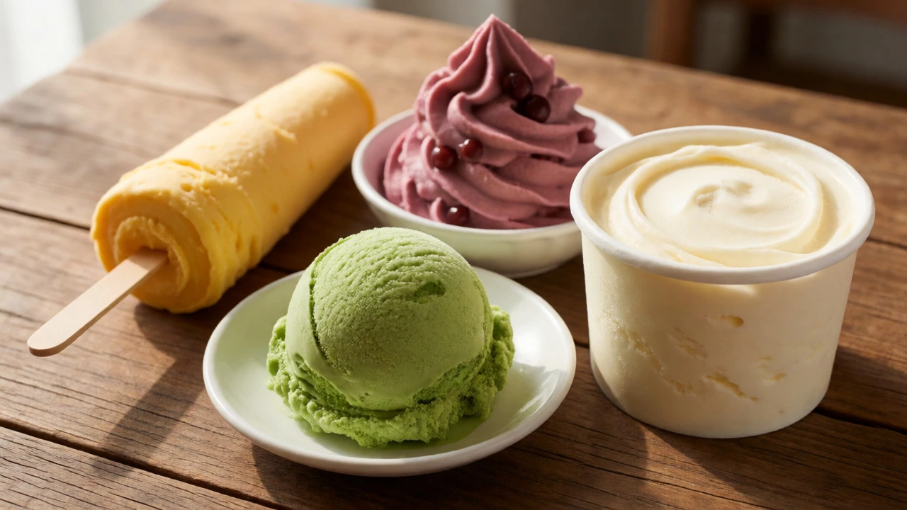 Assorted global frozen desserts including matcha, kulfi, and vanilla ice cream.