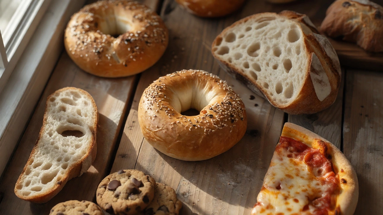 Assortment of bagels, bread, pizza, and cookies on a wooden table