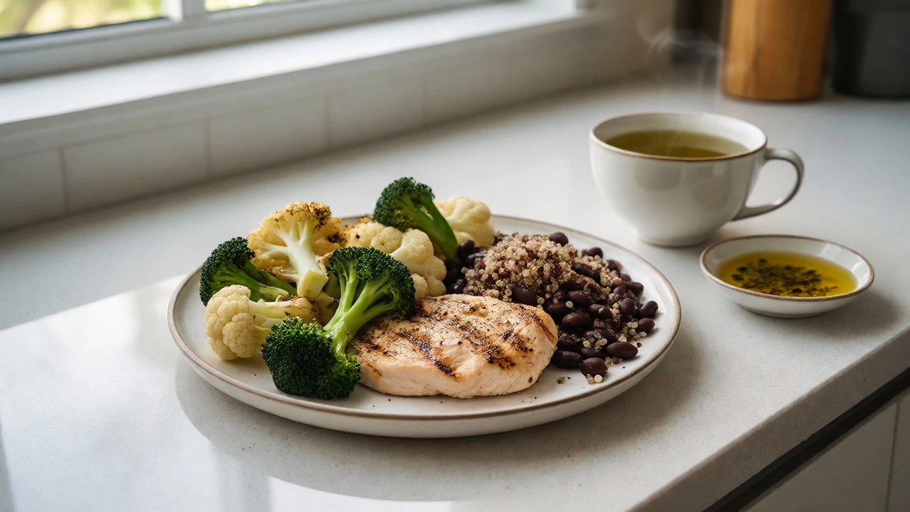 Balanced meal with broccoli, chicken, beans, and a cup of green tea.