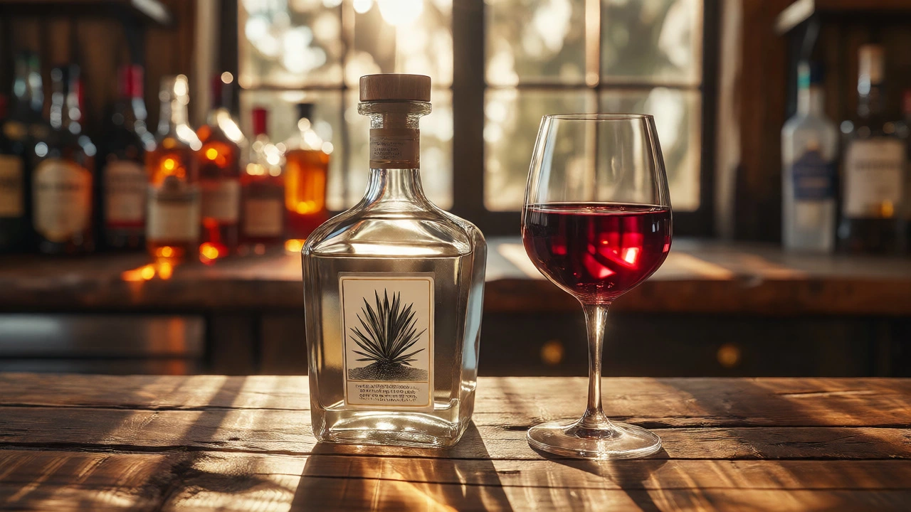 Bottle of tequila and glass of red wine on a bar