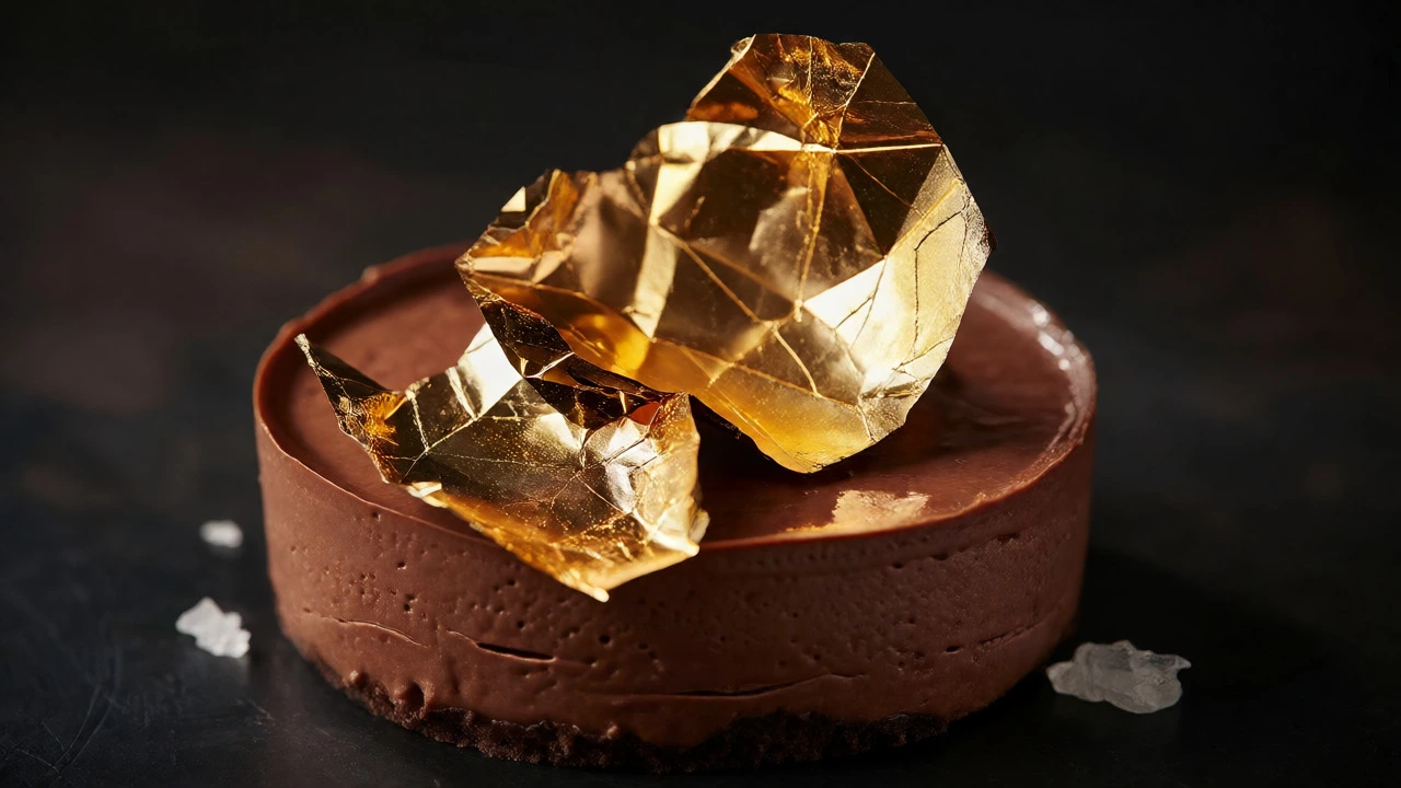 Chocolate mousse topped with shimmering edible gold leaf under dramatic lighting