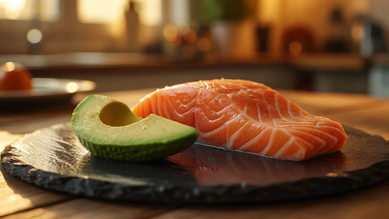 Close-up of avocado and salmon on a slate plate representing stable keto energy.