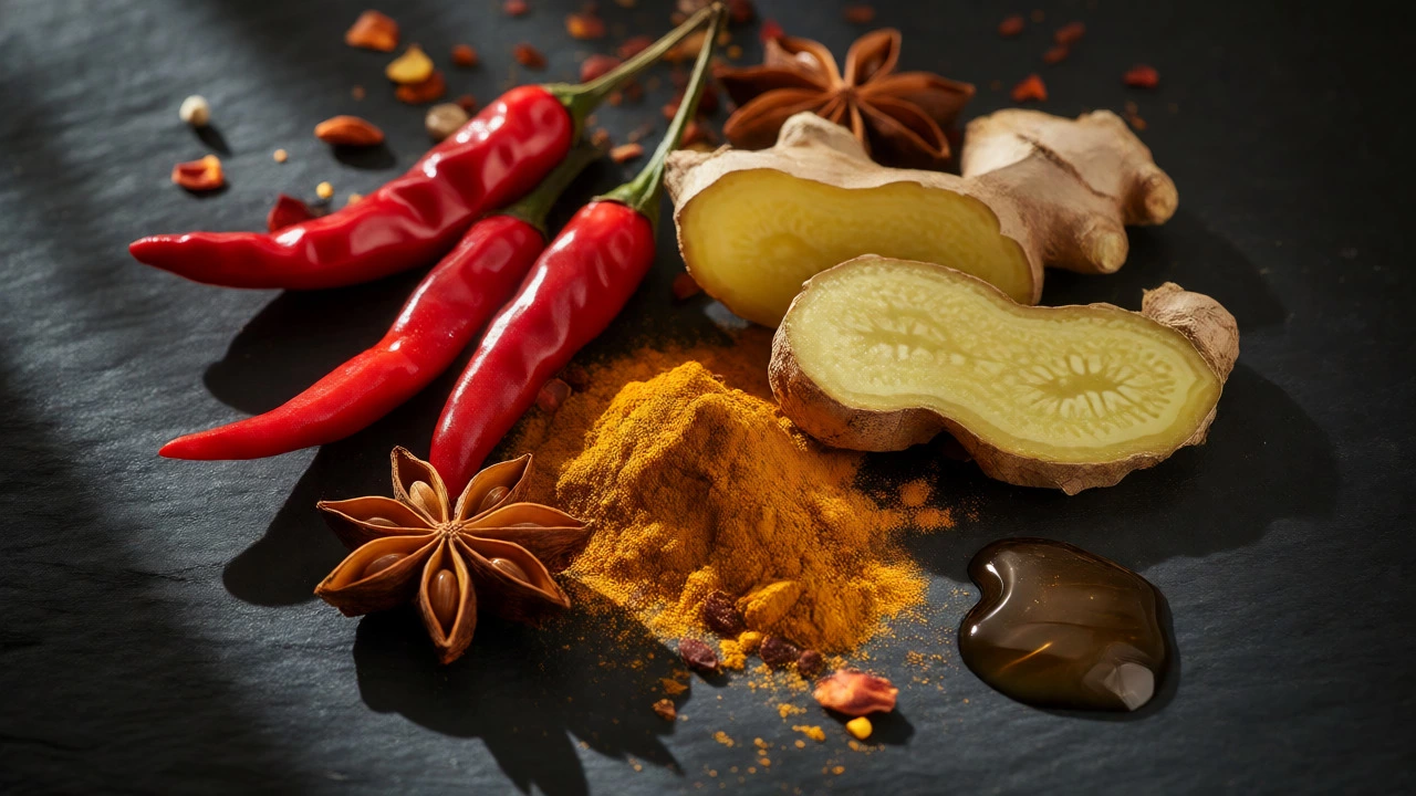 Close-up of cayenne peppers, ginger, and turmeric spices on a dark slate.
