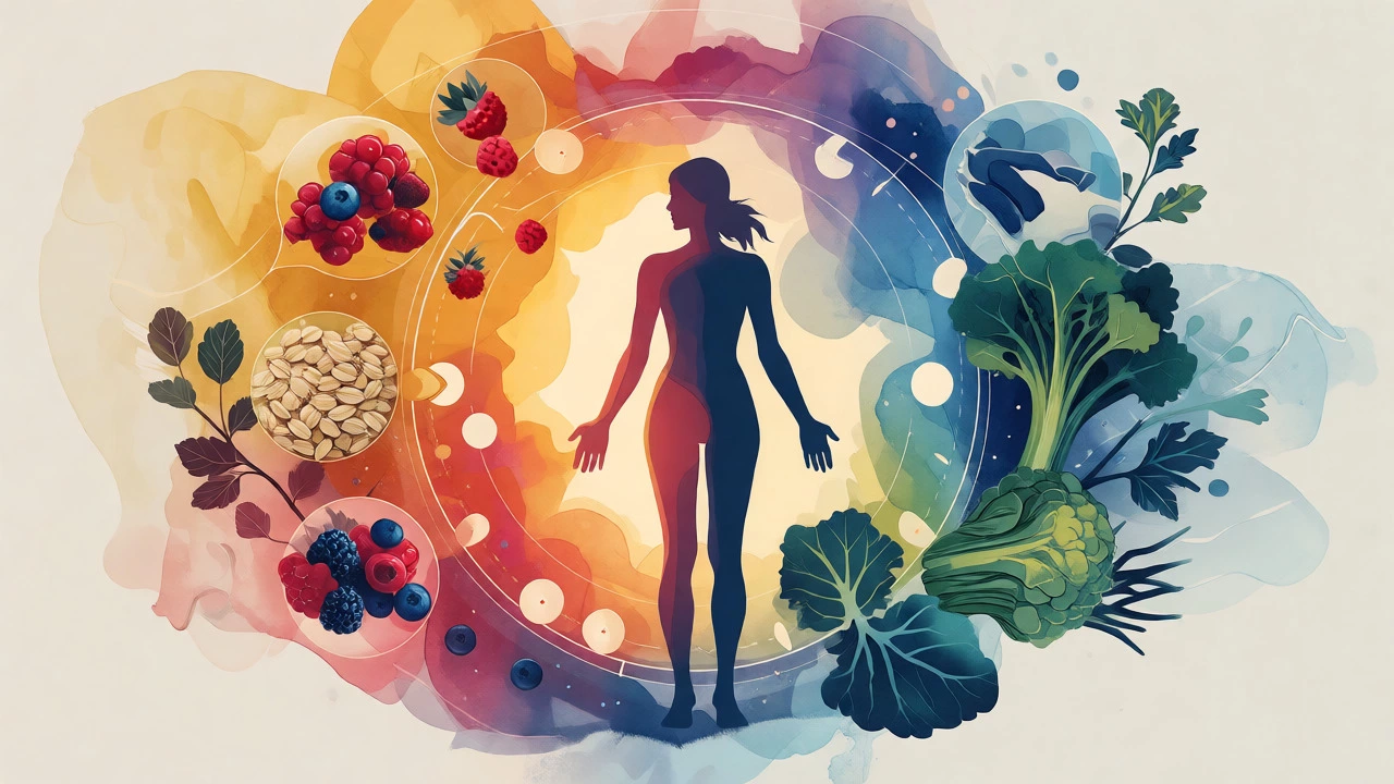 Conceptual art illustrating women's hormonal cycles and varying carbohydrate needs throughout the month.