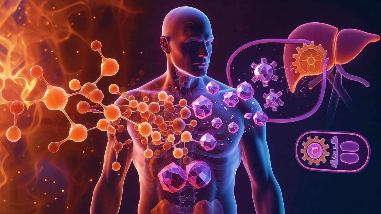 Conceptual art showing glucose molecules transforming into ketones inside a body.